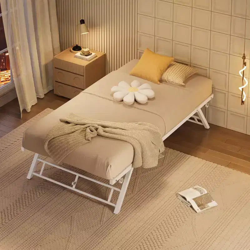 Lit de repos gigogne relevable, lit gigogne escamotable, cadre de lit gigogne double seulement, support à lattes métalliques avec roulettes verrouillables, conception silencieuse, blanc