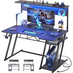 Bureau de gamer Besiost avec station de recharge, bureau d'ordinateur avec étagère supérieure et panneau perforé