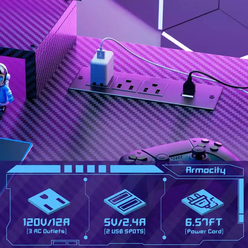 Bureau de gamer Besiost avec station de recharge, bureau d'ordinateur avec étagère supérieure et panneau perforé