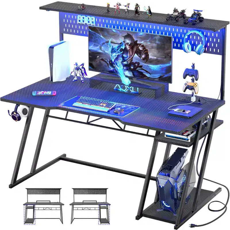 Bureau de gamer Besiost avec station de recharge, bureau d'ordinateur avec étagère supérieure et panneau perforé
