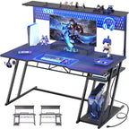 Bureau de gamer Besiost avec station de recharge, bureau d'ordinateur avec étagère supérieure et panneau perforé