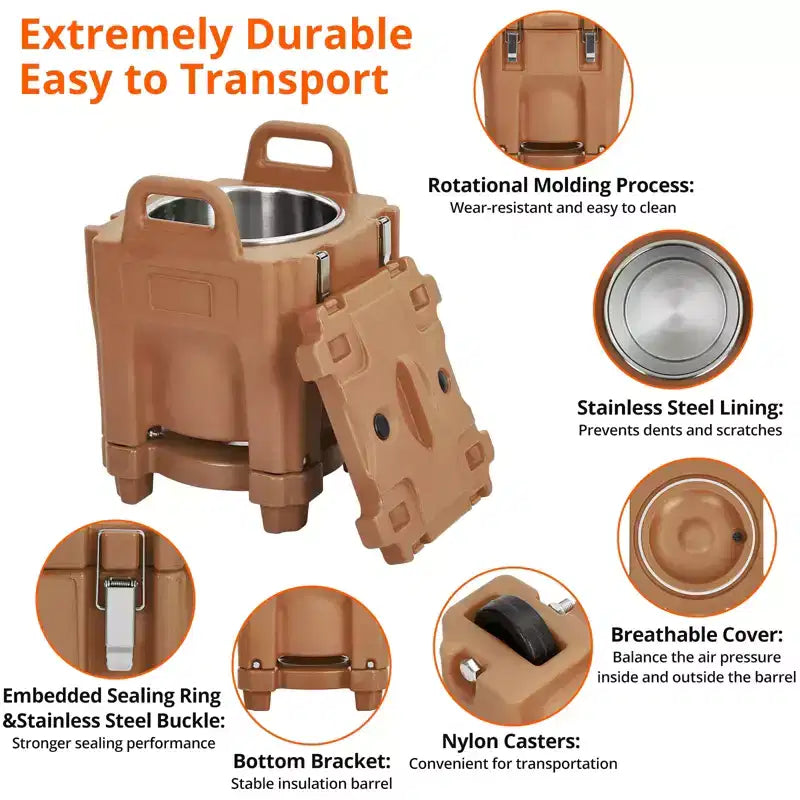 COZONY Transporteur de plats isolés avec cuillère, 20 L de capacité, chargement par le haut, avec roulettes et loquet latéral, en acier inoxydable pour la restauration