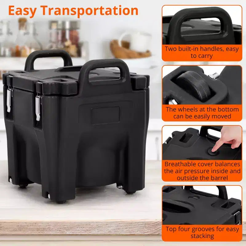 COZONY Transporteur de plats isolés avec cuillère, 20 L de capacité, chargement par le haut, avec roulettes et loquet latéral, en acier inoxydable pour la restauration