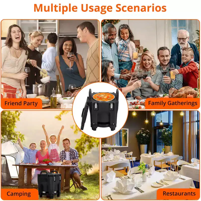 COZONY Transporteur de plats isolés avec cuillère, 20 L de capacité, chargement par le haut, avec roulettes et loquet latéral, en acier inoxydable pour la restauration