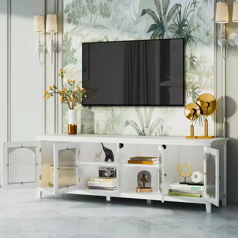 Meuble TV/centre de divertissement JVNOXK 71 po, élégant, structure en bois massif, portes en verre trempé, poignées métalliques, finition blanc vintage Idéal pour les chambres d'enfants