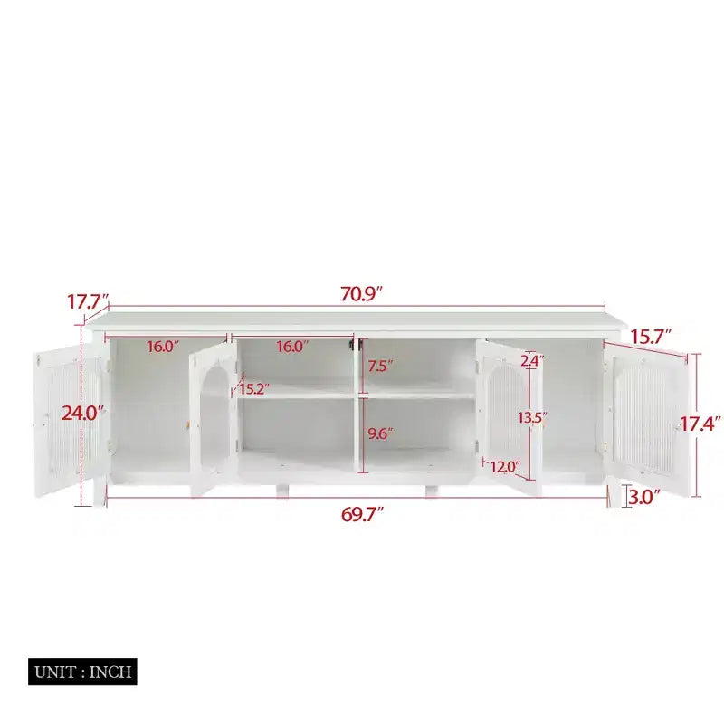 Meuble TV/centre de divertissement JVNOXK 71 po, élégant, structure en bois massif, portes en verre trempé, poignées métalliques, finition blanc vintage Idéal pour les chambres d'enfants