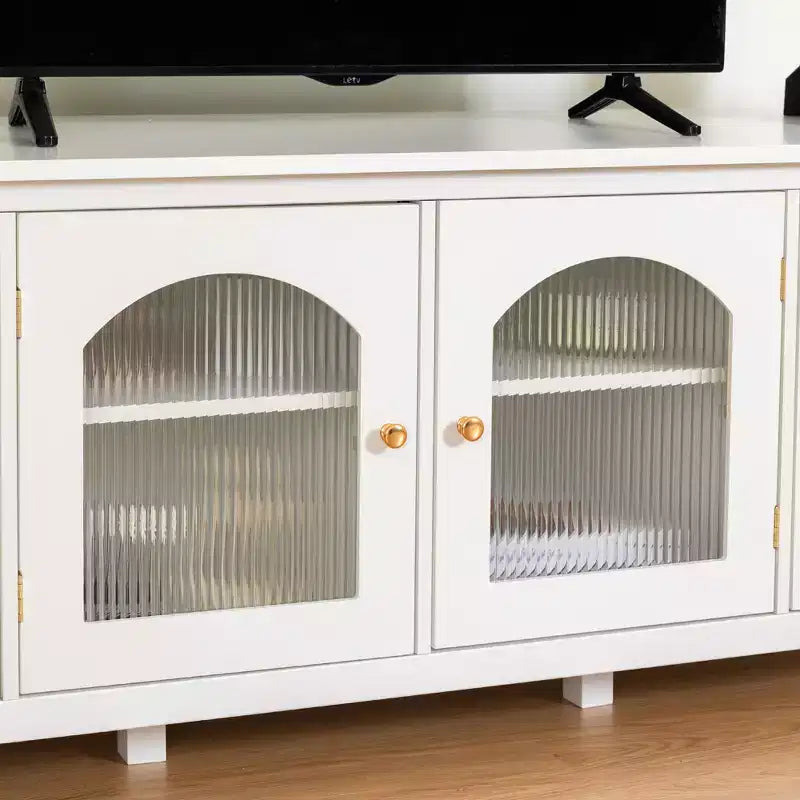 Meuble TV/centre de divertissement JVNOXK 71 po, élégant, structure en bois massif, portes en verre trempé, poignées métalliques, finition blanc vintage Idéal pour les chambres d'enfants