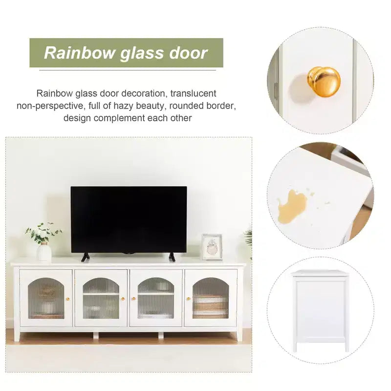 Meuble TV/centre de divertissement JVNOXK 71 po, élégant, structure en bois massif, portes en verre trempé, poignées métalliques, finition blanc vintage Idéal pour les chambres d'enfants