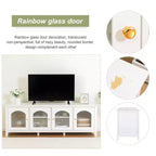Meuble TV/centre de divertissement JVNOXK 71 po, élégant, structure en bois massif, portes en verre trempé, poignées métalliques, finition blanc vintage Idéal pour les chambres d'enfants