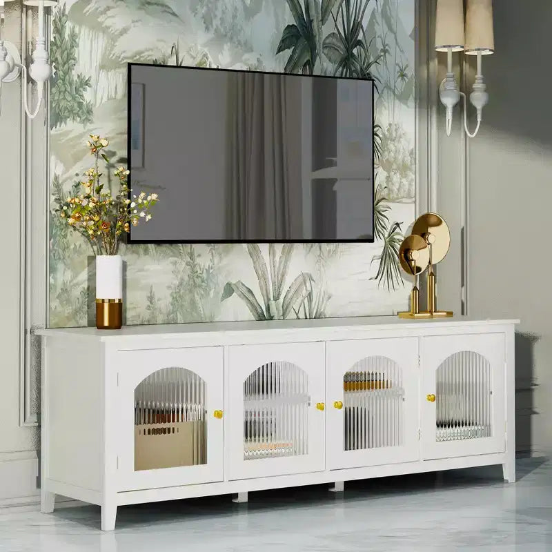 Meuble TV/centre de divertissement JVNOXK 71 po, élégant, structure en bois massif, portes en verre trempé, poignées métalliques, finition blanc vintage Idéal pour les chambres d'enfants