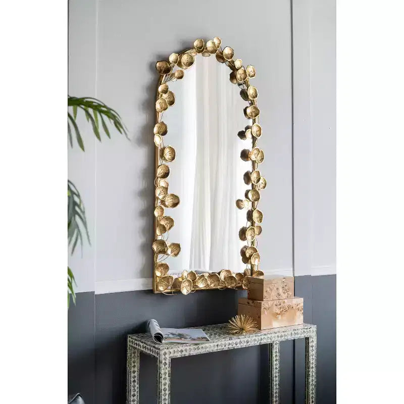 51.5 x 29 Inch Full Length Arched Wall Mirror with Golden Leaf Accents
