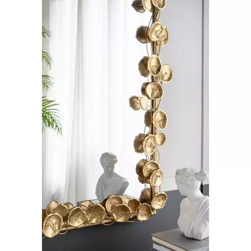 Miroir mural arqué pleine longueur de 51,5 x 29 pouces avec accents de feuilles dorées