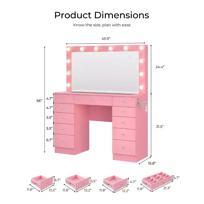 Coiffeuse avec plateau en verre, coiffeuse 11 tiroirs avec miroir et 12 lumières LED, bureau coiffeuse avec 3 modes d'éclairage et luminosité réglable
