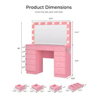 Coiffeuse avec plateau en verre, coiffeuse 11 tiroirs avec miroir et 12 lumières LED, bureau coiffeuse avec 3 modes d'éclairage et luminosité réglable