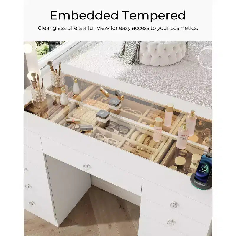 Coiffeuse avec plateau en verre, coiffeuse 11 tiroirs avec miroir et 12 lumières LED, bureau coiffeuse avec 3 modes d'éclairage et luminosité réglable