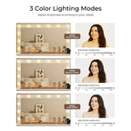 Coiffeuse avec plateau en verre, coiffeuse 11 tiroirs avec miroir et 12 lumières LED, bureau coiffeuse avec 3 modes d'éclairage et luminosité réglable