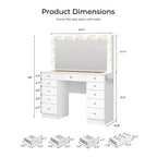 Coiffeuse avec plateau en verre, coiffeuse 11 tiroirs avec miroir et 12 lumières LED, bureau coiffeuse avec 3 modes d'éclairage et luminosité réglable