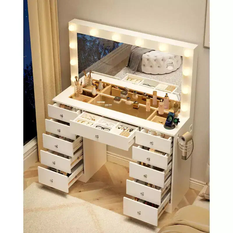 Coiffeuse avec plateau en verre, coiffeuse 11 tiroirs avec miroir et 12 lumières LED, bureau coiffeuse avec 3 modes d'éclairage et luminosité réglable