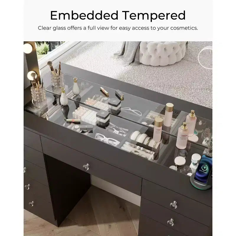 Coiffeuse avec plateau en verre, coiffeuse 11 tiroirs avec miroir et 12 lumières LED, bureau coiffeuse avec 3 modes d'éclairage et luminosité réglable