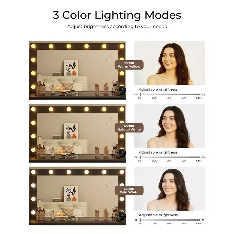 Coiffeuse avec plateau en verre, coiffeuse 11 tiroirs avec miroir et 12 lumières LED, bureau coiffeuse avec 3 modes d'éclairage et luminosité réglable
