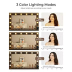 Coiffeuse avec plateau en verre, coiffeuse 11 tiroirs avec miroir et 12 lumières LED, bureau coiffeuse avec 3 modes d'éclairage et luminosité réglable