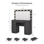 Coiffeuse avec plateau en verre, coiffeuse 11 tiroirs avec miroir et 12 lumières LED, bureau coiffeuse avec 3 modes d'éclairage et luminosité réglable