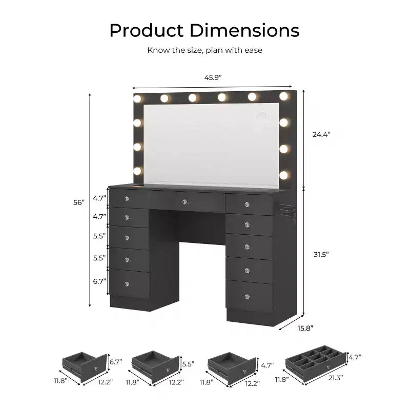 Coiffeuse avec plateau en verre, coiffeuse 11 tiroirs avec miroir et 12 lumières LED, bureau coiffeuse avec 3 modes d'éclairage et luminosité réglable