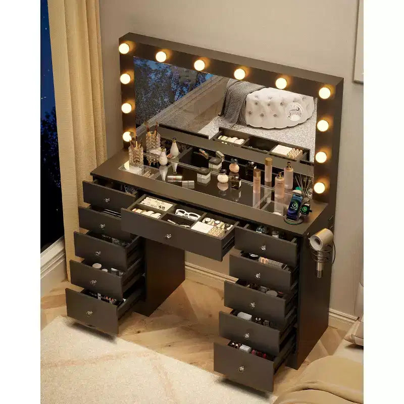 Coiffeuse avec plateau en verre, coiffeuse 11 tiroirs avec miroir et 12 lumières LED, bureau coiffeuse avec 3 modes d'éclairage et luminosité réglable