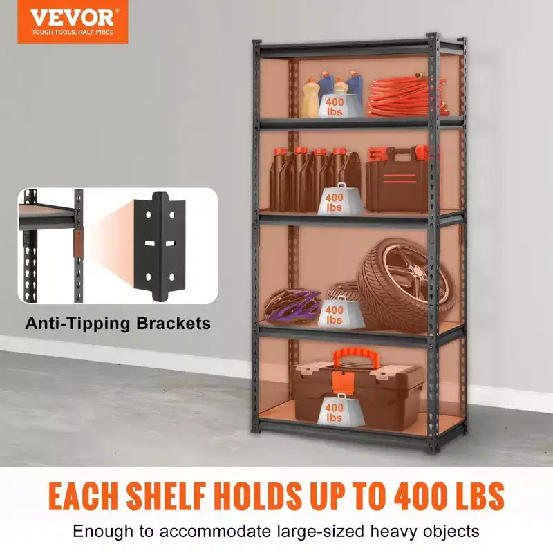 Étagère de rangement réglable à 5 niveaux VIYET, capacité totale de 907 kg, étagère métallique robuste, 76,2 x 30,5 x 152,4 cm pour garage/cuisine/garde-manger/sous-sol (noir)