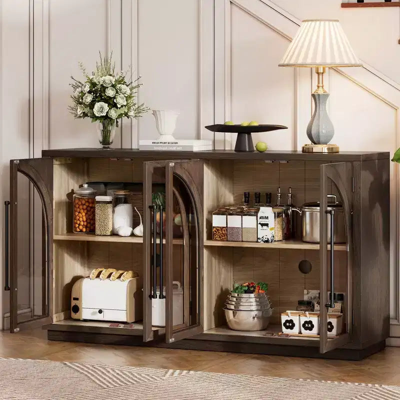 Buffet de rangement Clihome à 4 portes avec portes vitrées, Meuble de rangement arqué avec étagères réglables pour cuisine, salle à manger et salon