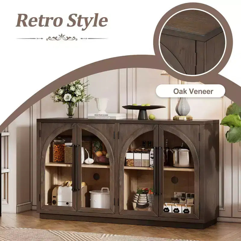 Buffet de rangement Clihome à 4 portes avec portes vitrées, Meuble de rangement arqué avec étagères réglables pour cuisine, salle à manger et salon