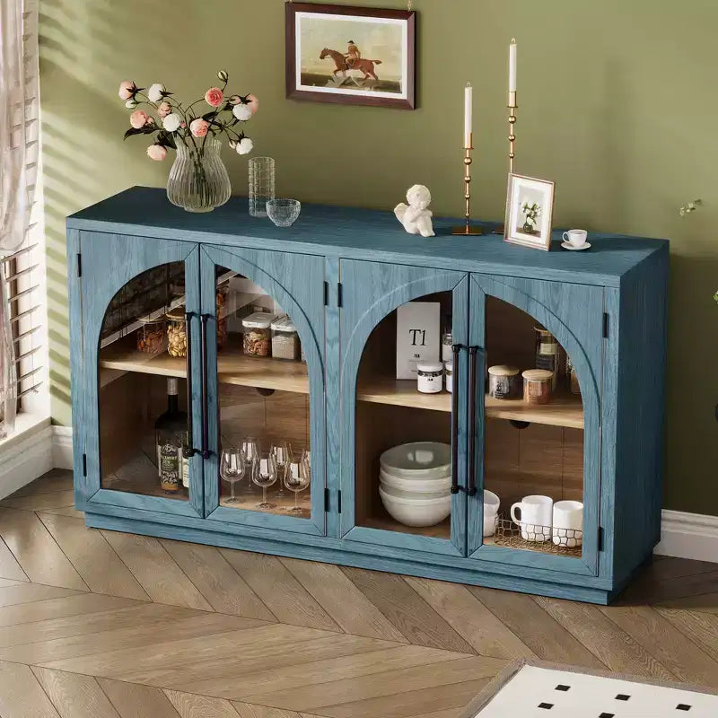 Buffet de rangement Clihome à 4 portes avec portes vitrées, Meuble de rangement arqué avec étagères réglables pour cuisine, salle à manger et salon
