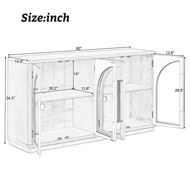 Buffet de rangement Clihome à 4 portes avec portes vitrées, Meuble de rangement arqué avec étagères réglables pour cuisine, salle à manger et salon