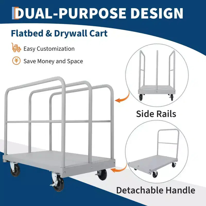 Chariot de transport à panneaux en acier 2-en-1 robuste avec plateforme de 91x61 cm - Cadre en acier de 1000 kg, panneaux/plateau à conversion rapide, roulettes pivotantes à 360° avec frein