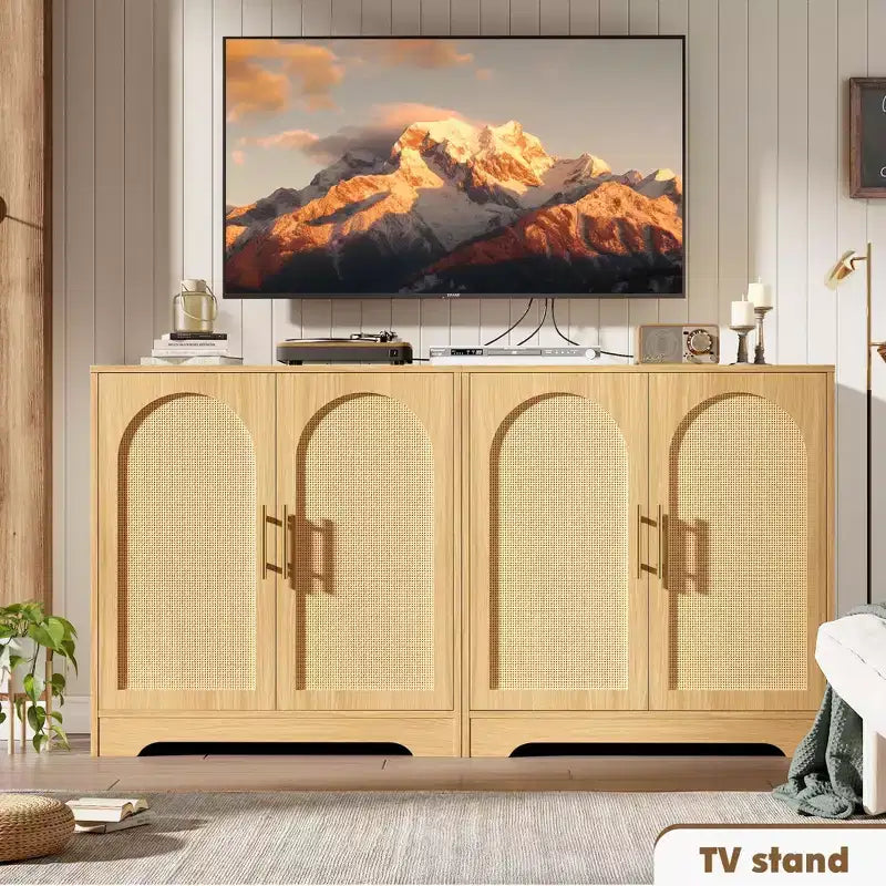 Buffet moderne avec 2 portes en rotin, meuble de rangement, console, meuble bar à café pour le salon, le couloir et l'entrée