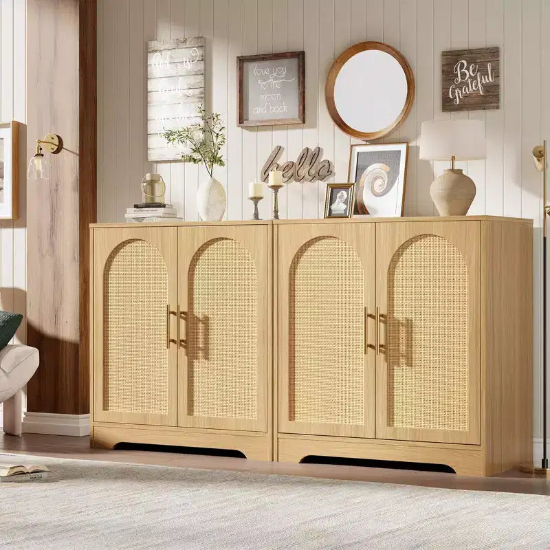 Buffet moderne avec 2 portes en rotin, meuble de rangement, console, meuble bar à café pour le salon, le couloir et l'entrée