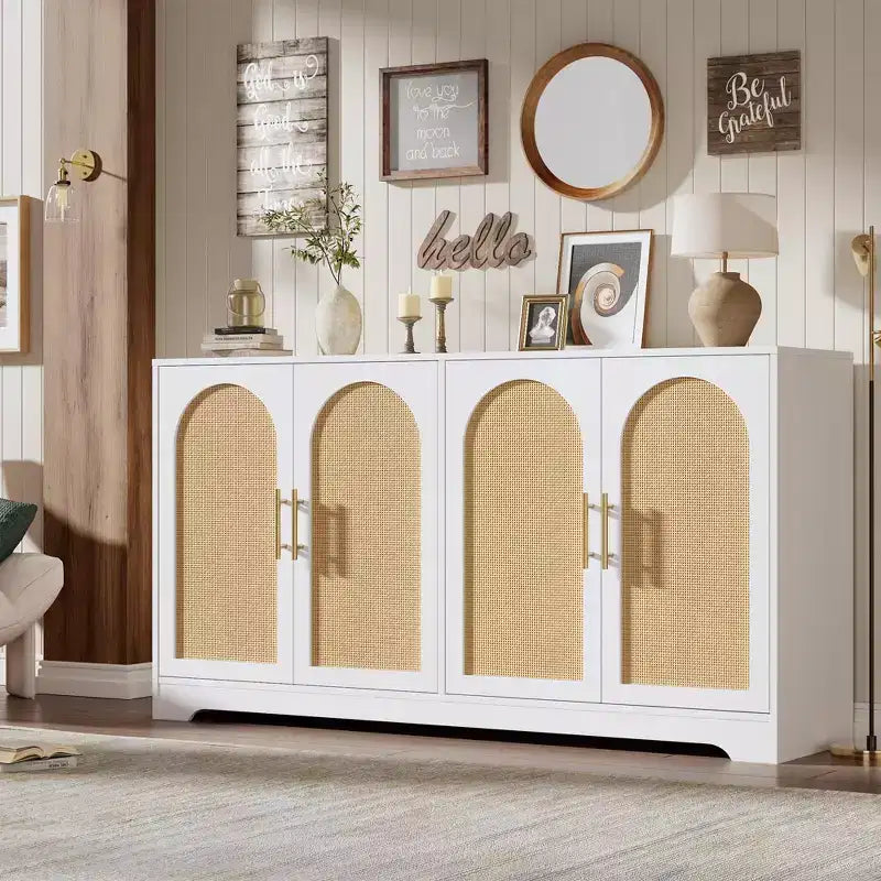 Buffet moderne avec 2 portes en rotin, meuble de rangement, console, meuble bar à café pour le salon, le couloir et l'entrée