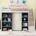 Clihome Full Size Loft Bed with 2 Four-layer Storage Cabinets and Curtain