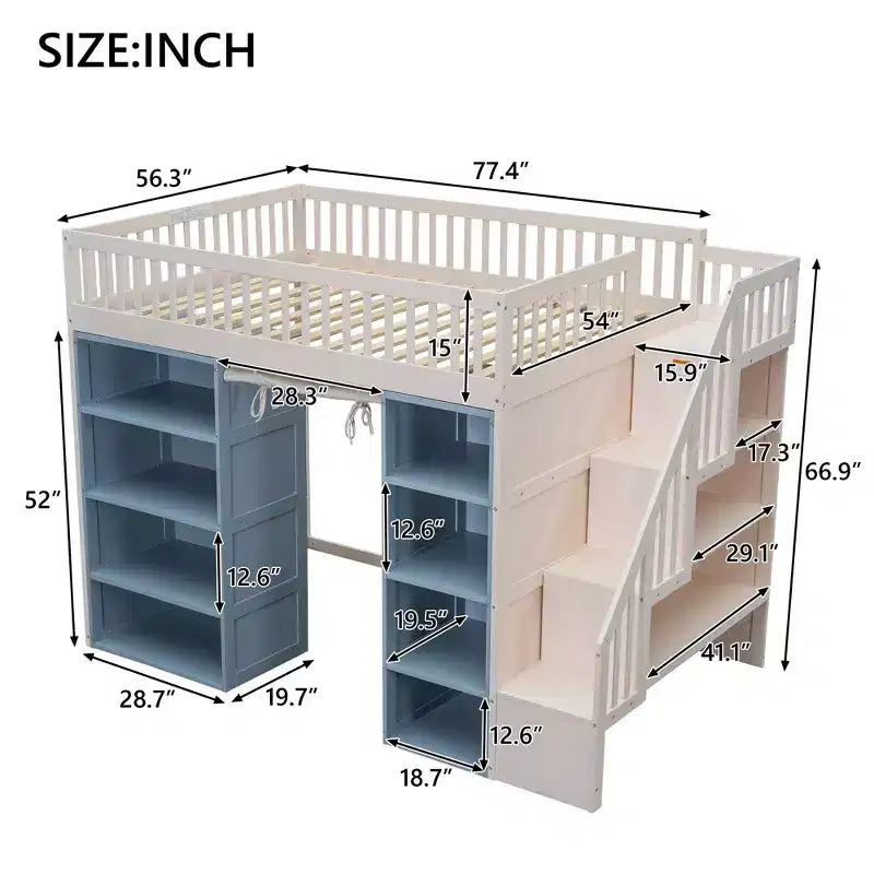 Lit mezzanine pleine grandeur Clihome avec 2 armoires de rangement à quatre niveaux et rideau
