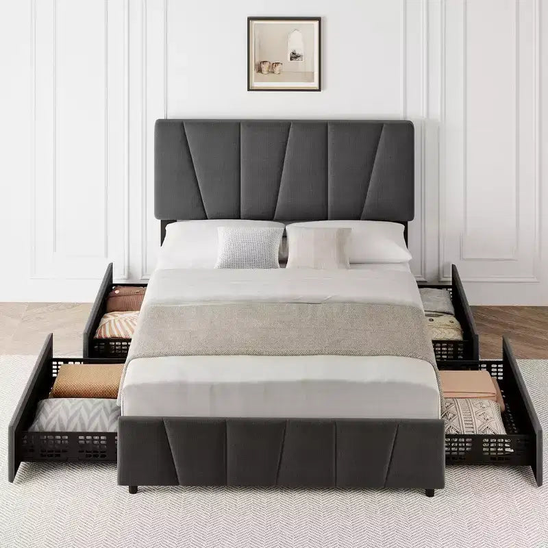 Cadre de lit double/grand lit COZONY avec tête de lit réglable et 4 tiroirs de rangement, lit plateforme capitonné en velours