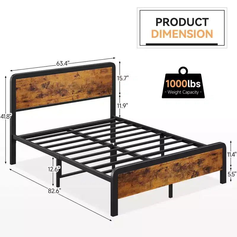 COZONY Cadre de lit Queen Size avec tête de lit en bois, lit plateforme avec coins arrondis sécurisés et support à lattes métalliques