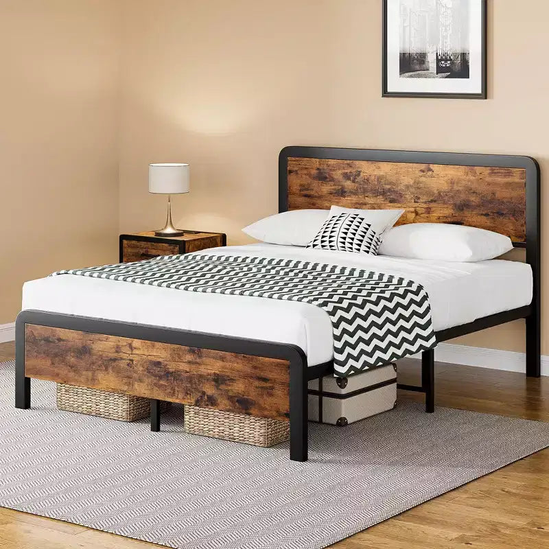 COZONY Cadre de lit Queen Size avec tête de lit en bois, lit plateforme avec coins arrondis sécurisés et support à lattes métalliques