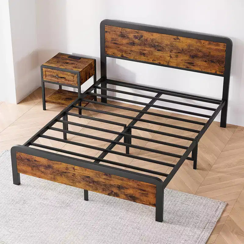 COZONY Cadre de lit Queen Size avec tête de lit en bois, lit plateforme avec coins arrondis sécurisés et support à lattes métalliques