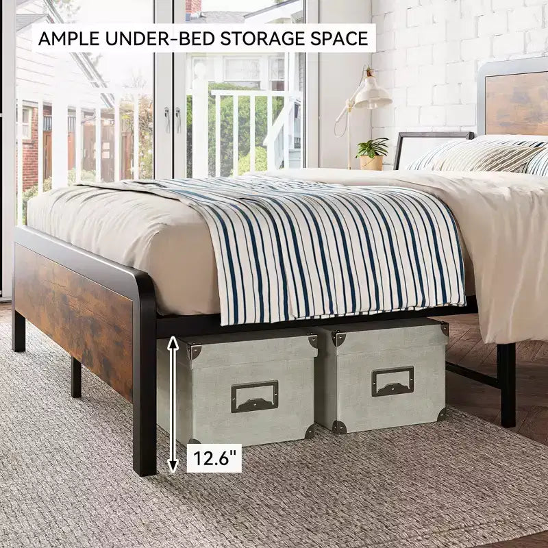 COZONY Cadre de lit Queen Size avec tête de lit en bois, lit plateforme avec coins arrondis sécurisés et support à lattes métalliques