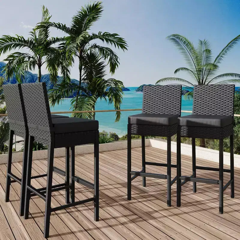 Lot de 2 tabourets de bar extérieurs en osier, chaises de bar sans accoudoirs en rotin avec coussins pour patio, bord de piscine ou jardin