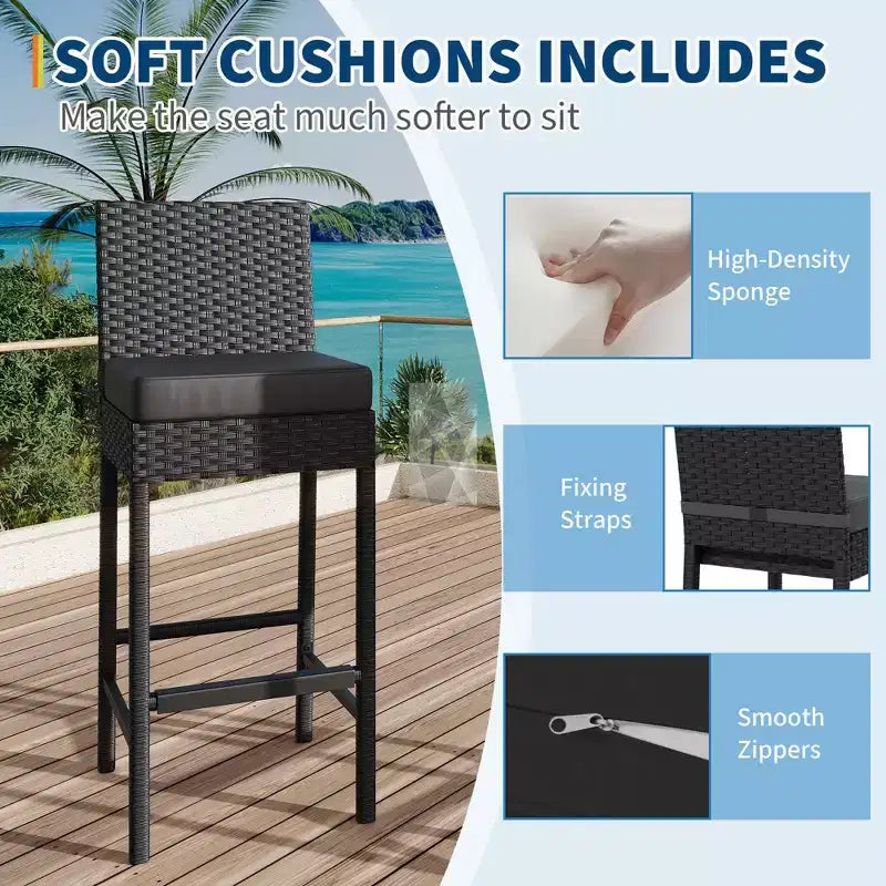 Lot de 2 tabourets de bar extérieurs en osier, chaises de bar sans accoudoirs en rotin avec coussins pour patio, bord de piscine ou jardin