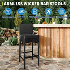 Lot de 2 tabourets de bar extérieurs en osier, chaises de bar sans accoudoirs en rotin avec coussins pour patio, bord de piscine ou jardin