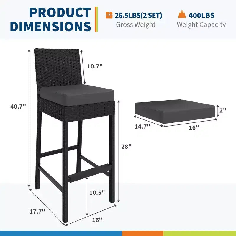 Lot de 2 tabourets de bar extérieurs en osier, chaises de bar sans accoudoirs en rotin avec coussins pour patio, bord de piscine ou jardin