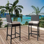 Lot de 2 tabourets de bar extérieurs en osier, chaises de bar sans accoudoirs en rotin avec coussins pour patio, bord de piscine ou jardin