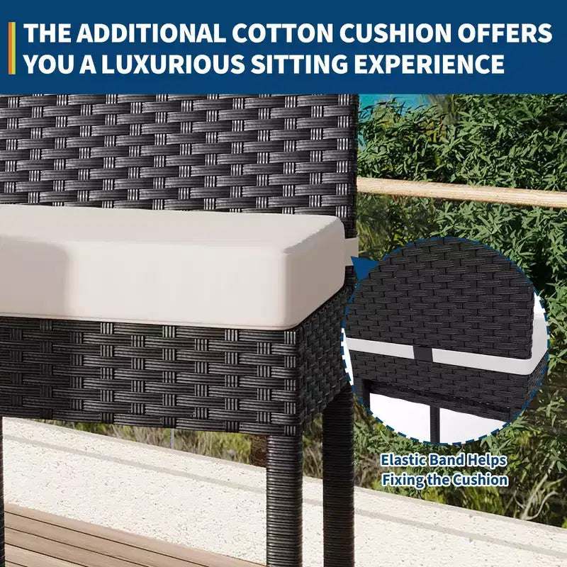 Lot de 2 tabourets de bar extérieurs en osier, chaises de bar sans accoudoirs en rotin avec coussins pour patio, bord de piscine ou jardin